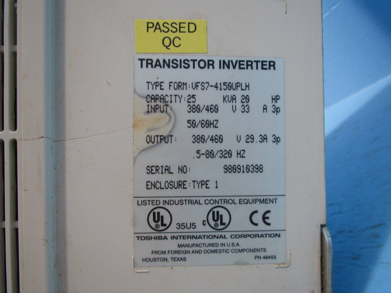 Toshiba VFS7-4150UPLH Transistor Inverter Drive 20 HP 15 kW 20HP 25A 380/460V S7 (NP1512-10)