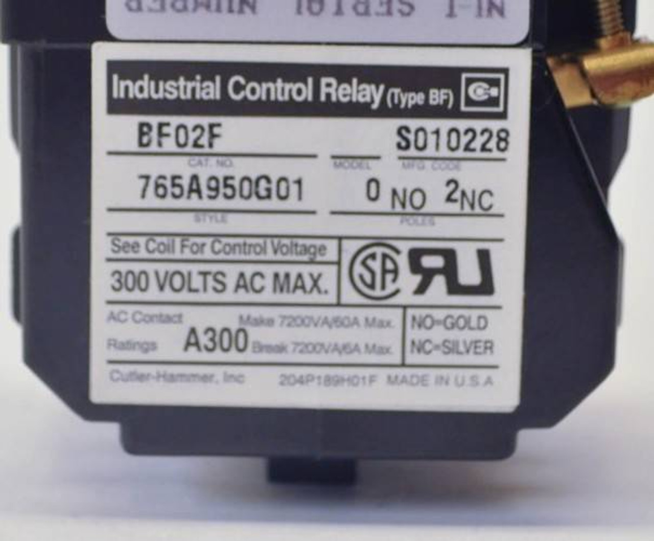 New Eaton Cutler Hammer BF02F Industrial Control Relay 2NC 120V Coil A300 NIB (YY3342-7)