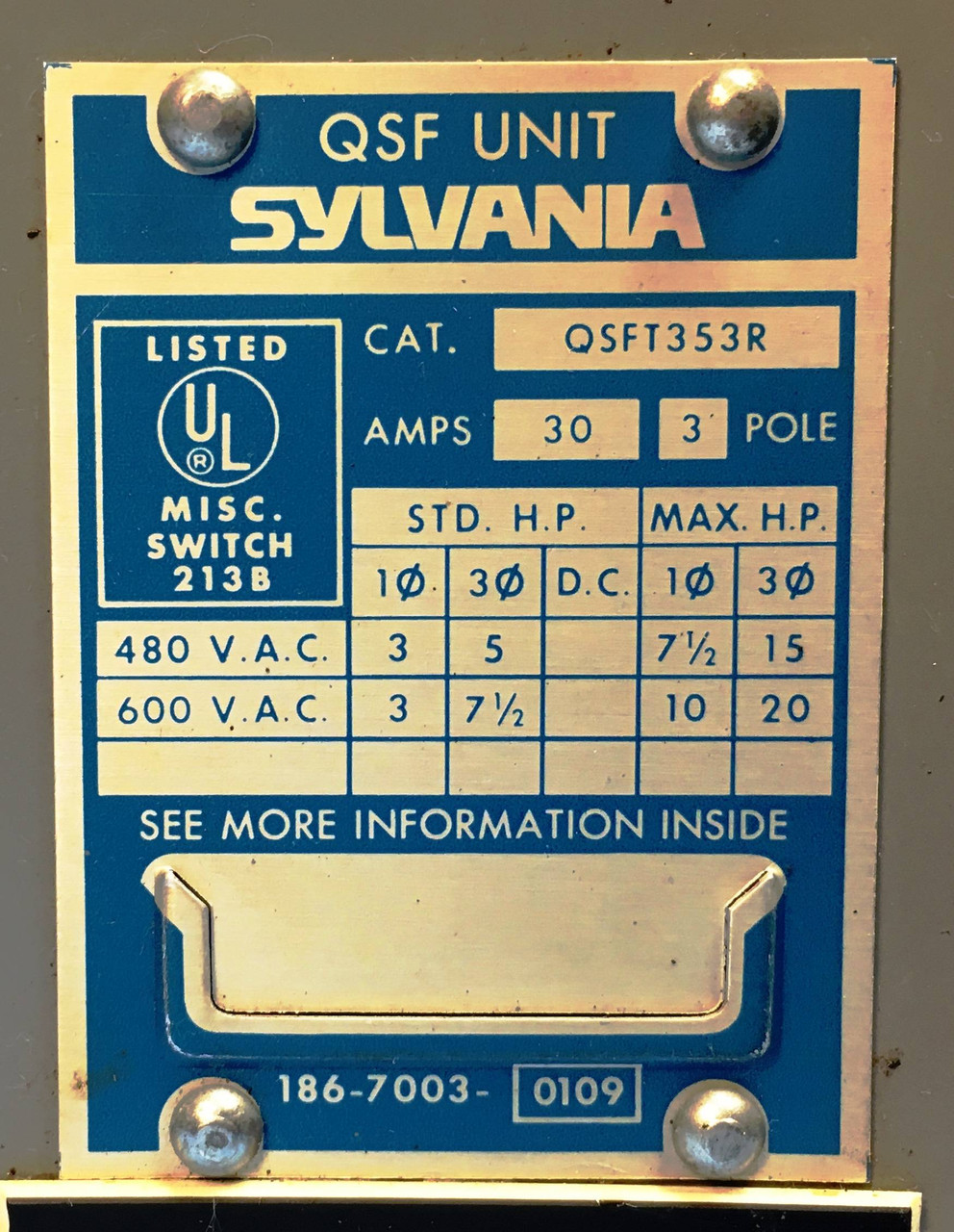 Sylvania QSFT353R 30A QSF Twin Fusible Panelboard Switch 3 Pole 30 Amp Rusty (EM1948-56)