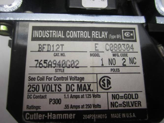 Eaton Cutler Hammer BFD12T New Industrial Control Relay 10 Amp 250VDC 765A940G02 (YY2703-1)