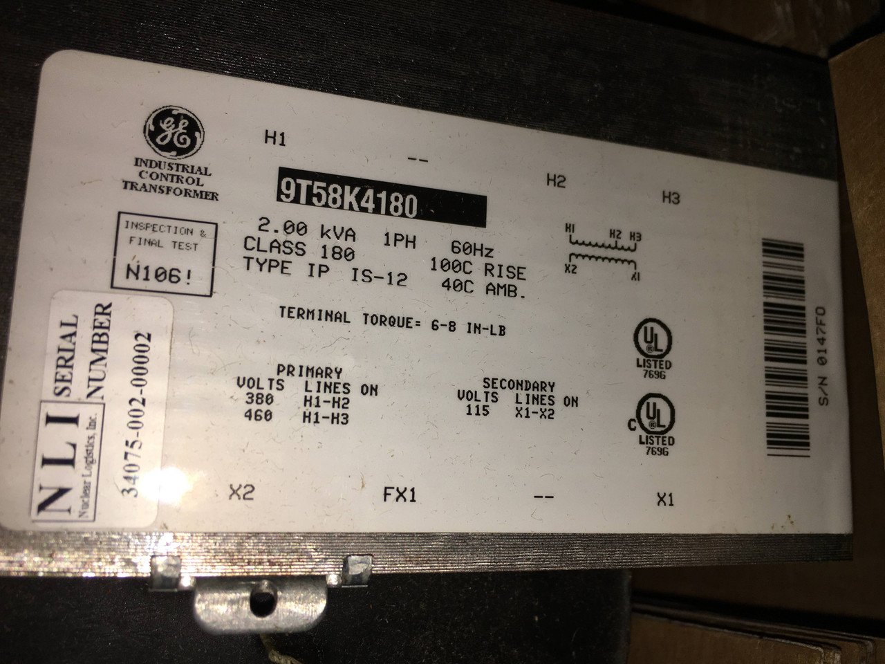 NIB GE 9T58K4180 380/460-115V New Transformer Core and Coil 2kVA (YY2817-1)