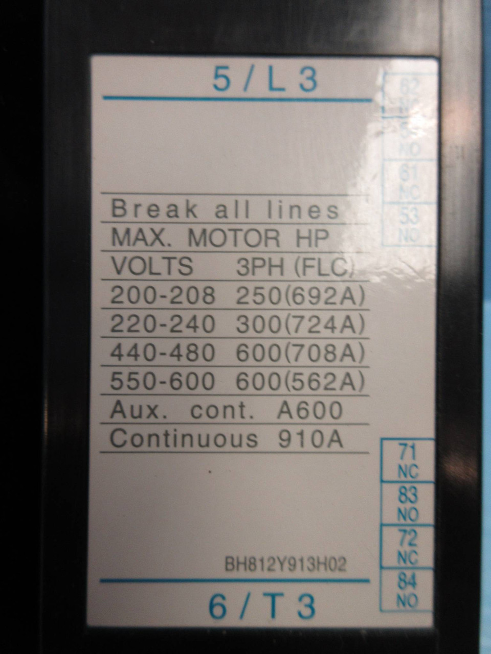 Mitsubishi S-N800UR Motor Contactor 910 Amp 600V 600HP 200-240V Coil 3PH 910A (TK2587-22)