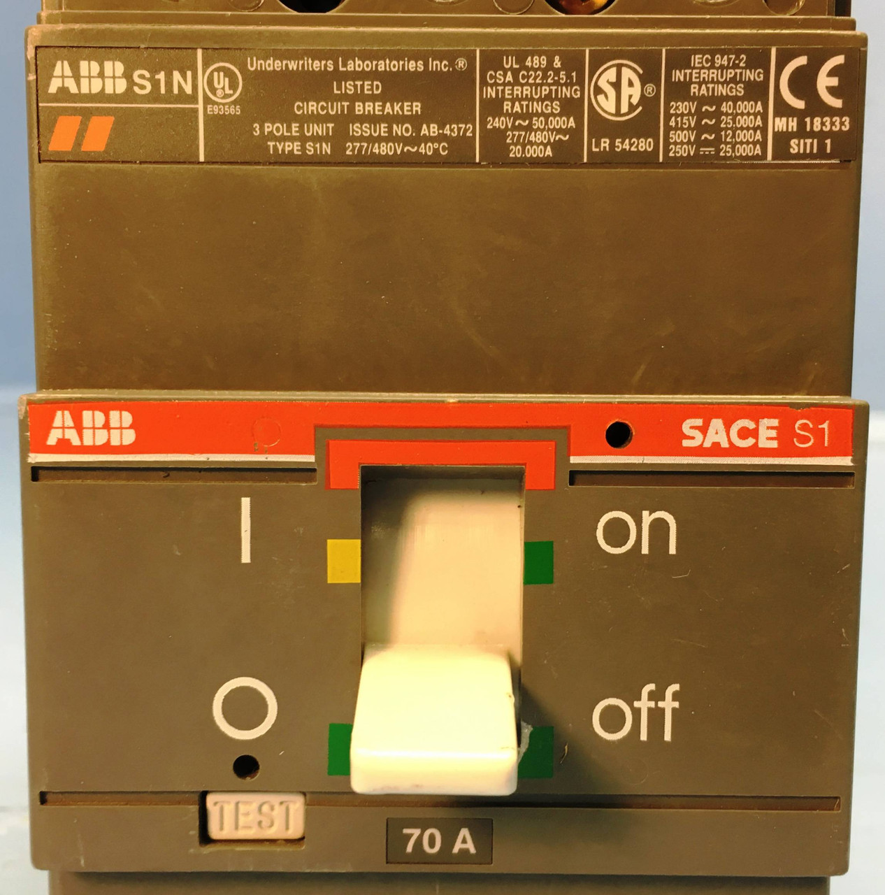ABB SACE S1 S1N070TL Type S1N 70A Circuit Breaker 277/480V 3 Pole 70 Amp HACR (EM2013-2)