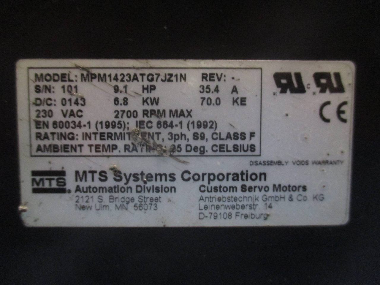 MTS MPM1423ATG7JZ1N 9.1 HP Servo Motor 2700 RPM 230V 35.4A Parker (DW0207-2)