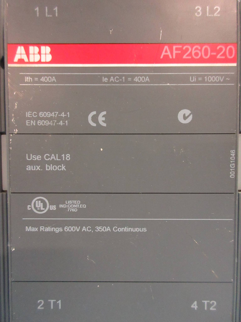 ABB AF260-20 Motor Contactor 2-Pole 350 Amp 600V 20-60V-DC Coil 1-Ph 2P 350A (TK2610-1)