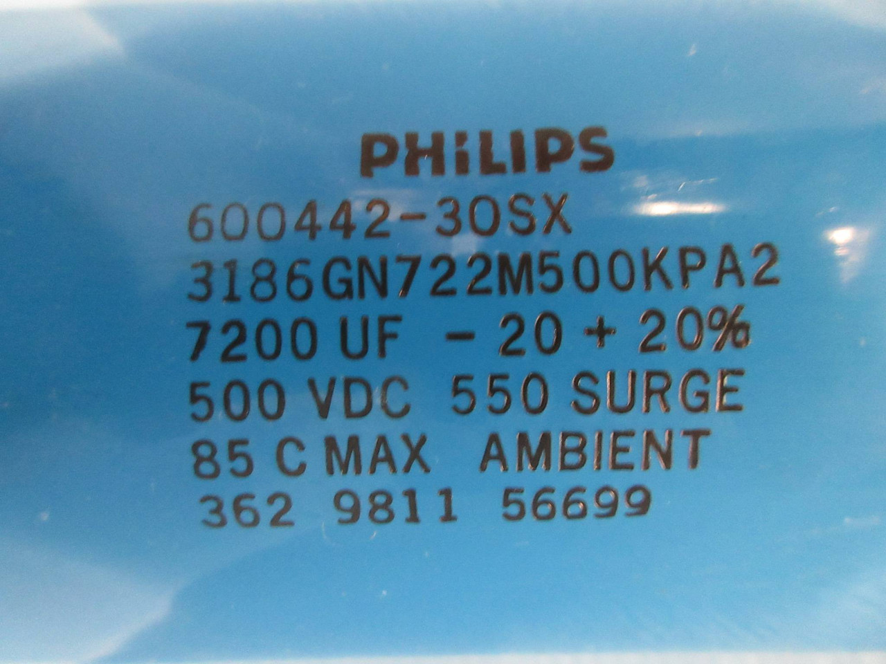 Philips 600442-30SX Capacitor 7200 uF -20+20% 500VDC 550 Surge 3186GN722M500KPA2 (TK2628-24)