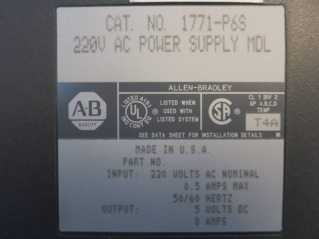 Allen Bradley 1771-P6S 220V AC Power Supply Module PLC AB 1771P6S (PM2647-1)