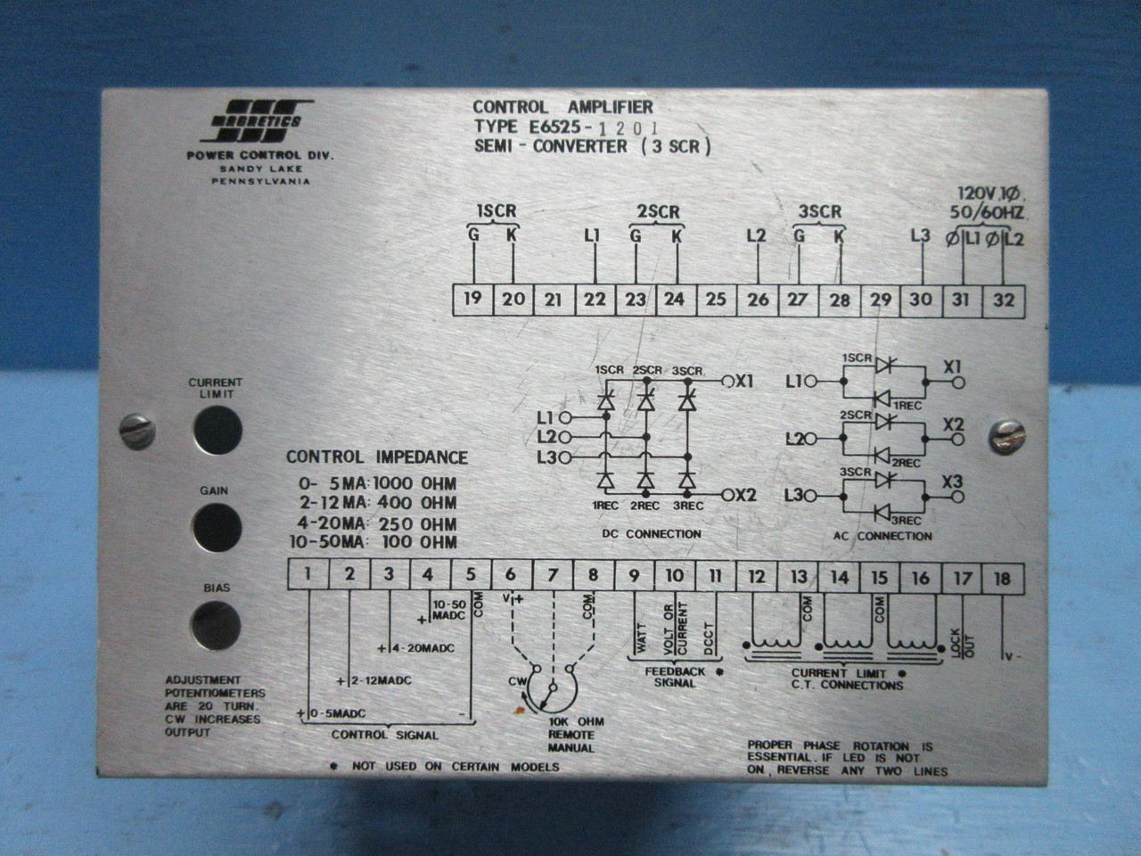 Spang E6525-1201 Control Amplifier 3-SCR Semi-Converter 120V Magnetics Rack (TK2671-2)