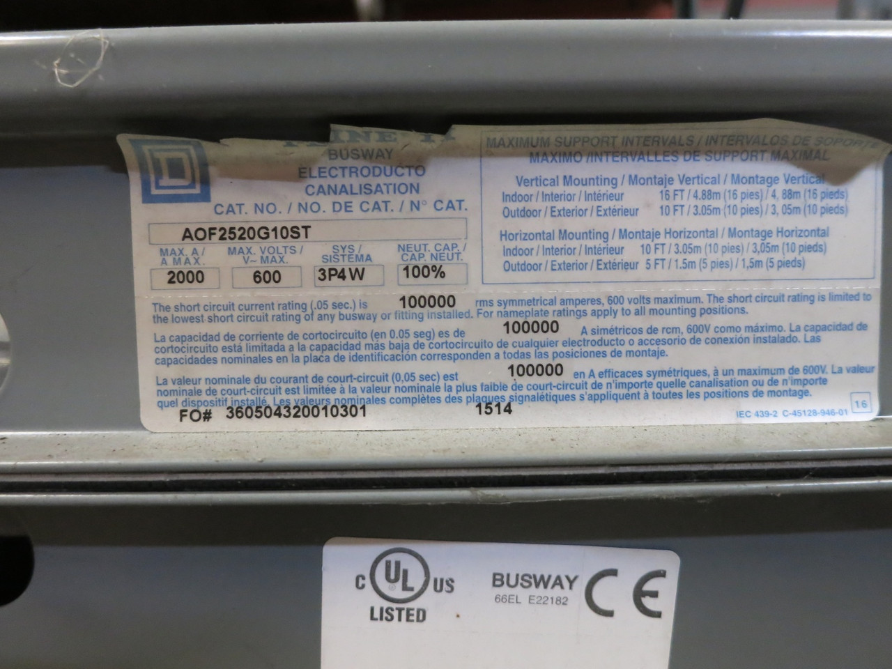 Square D AOF2520G10ST I-Line II 2000A 10' Outdoor Aluminum Feeder Busway 3PH 4W (DW0307-1)