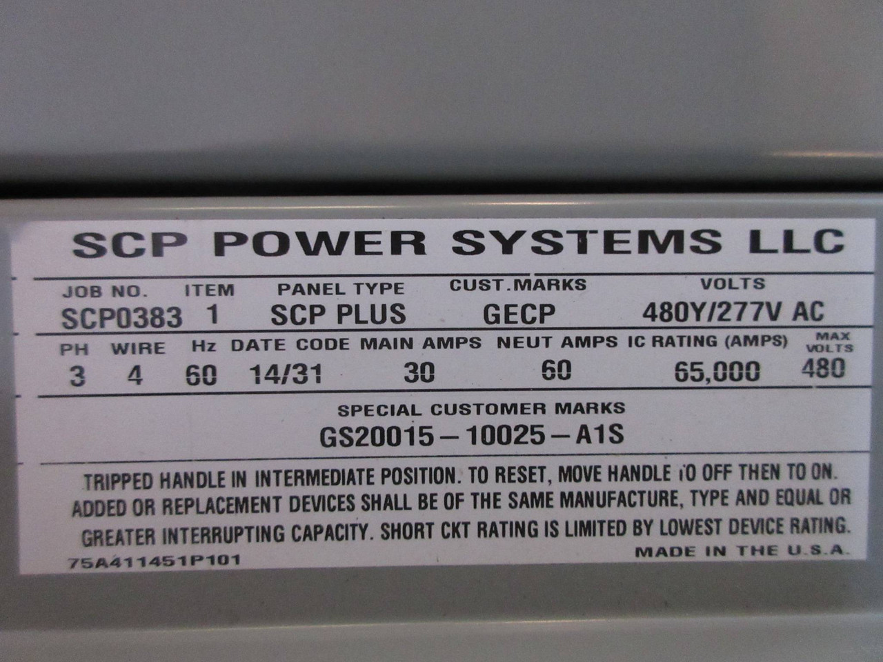 GE Spectra New SCP Plus UPS Maintenance Bypass Panelboard 30 Amp 480Y/277V 3P 4W (TK2697-1)