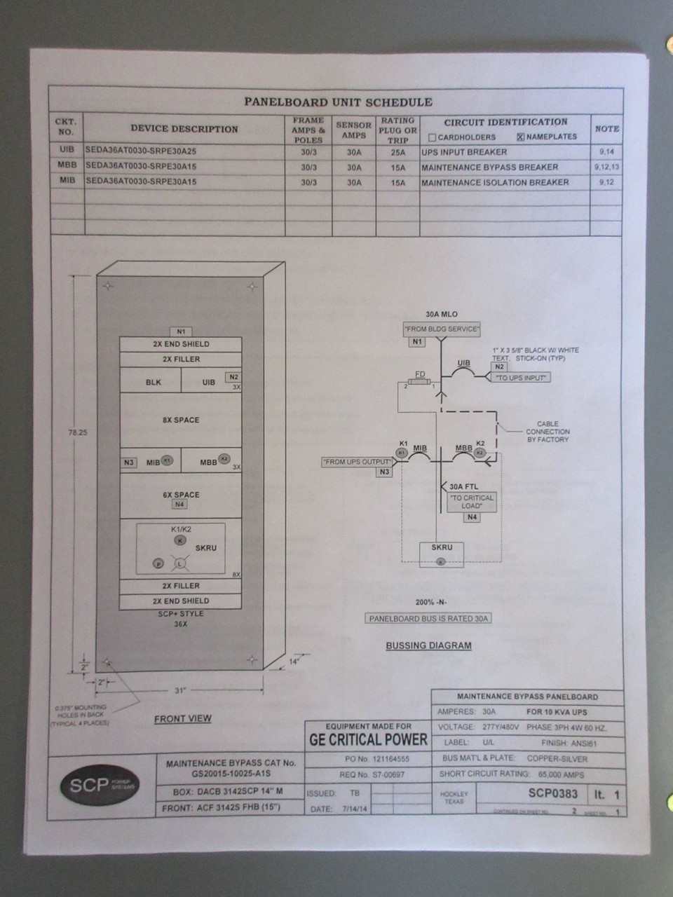 GE Spectra New SCP Plus UPS Maintenance Bypass Panelboard 30 Amp 480Y/277V 3P 4W (TK2697-1)