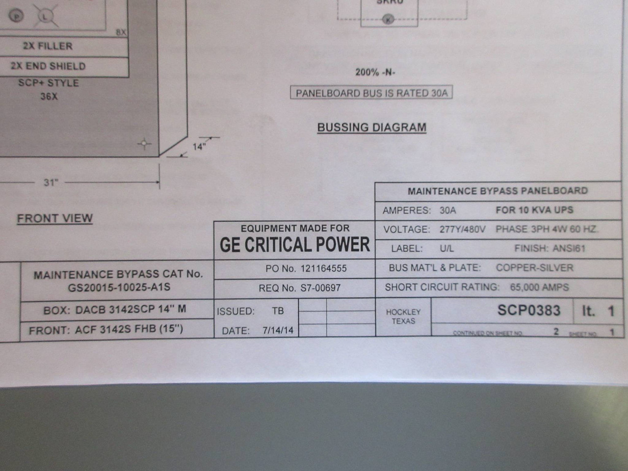 GE Spectra New SCP Plus UPS Maintenance Bypass Panelboard 30 Amp 480Y/277V 3P 4W (TK2697-1)