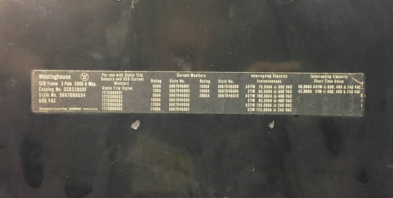 CH Westinghouse SCB32000F SCB-2000 2000A Circuit Breaker 2000 Amp No Trip Button (EBI5276-1)