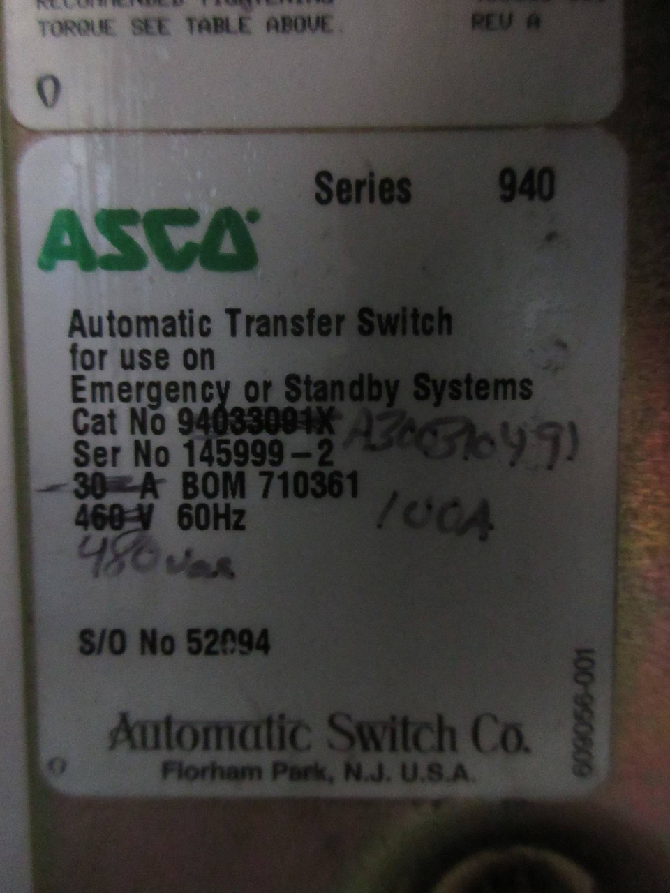 ASCO A300310491C 104 Amp 480V Series 300 Automatic Transfer Switch 3P 104A (TK2711-1)