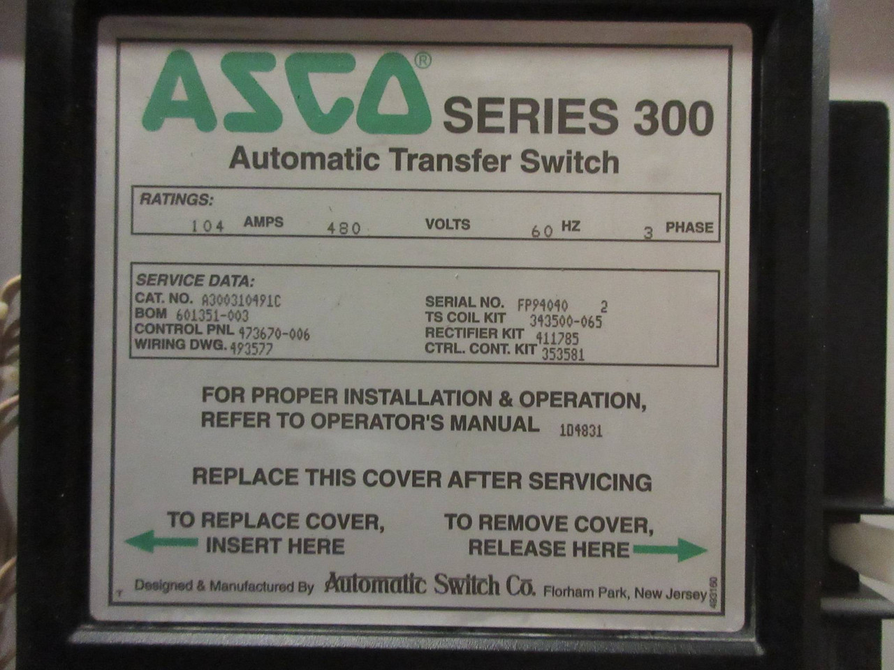 ASCO A300310491C 104 Amp 480V Series 300 Automatic Transfer Switch 3P 104A (TK2711-1)