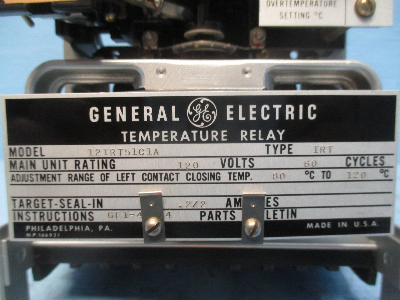 General Electric 12IRT51C1A Temperature Relay Type IRT GE 12 IRT 51C1A 120V (DW0360-2)