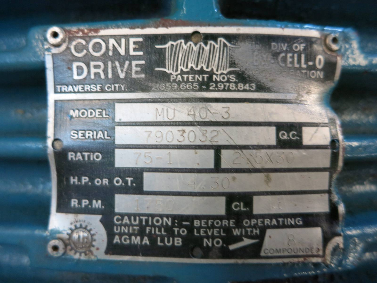 NEW Cone Drive MU 40-3 Ratio: 75-1 2.5 X 30, HP or OT: 4.30, RPM:1750 Gear Drive (PM2668-1)