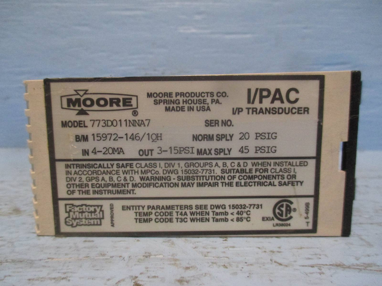 Moore 773D011NNA7 PLC I/PAC 15972-146 I/P Transducer Module 4-20 mA 45 PSIG (DW0374-9)
