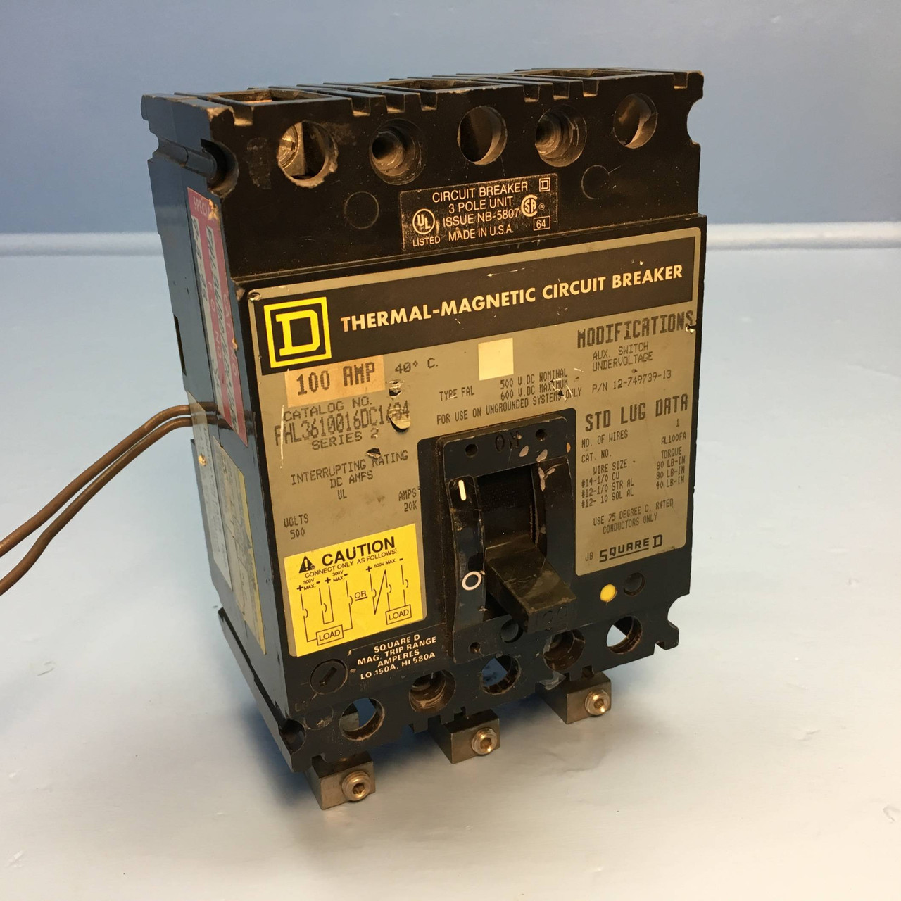 Image of Square D FHL3610016DC1684 100A DC Circuit Breaker w/ Aux & UVR 500V 3P 100 Amp