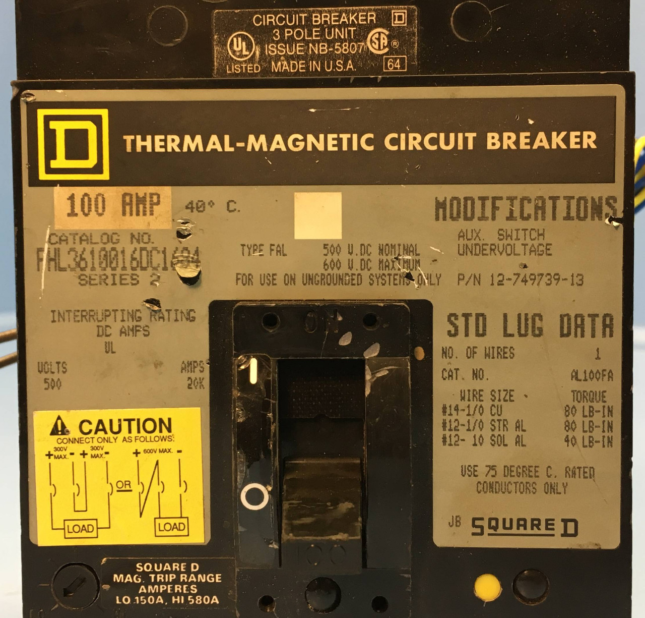 Square D FHL3610016DC1684 100A DC Circuit Breaker w/ Aux & UVR 500V 3P 100 Amp (EM2120-1)