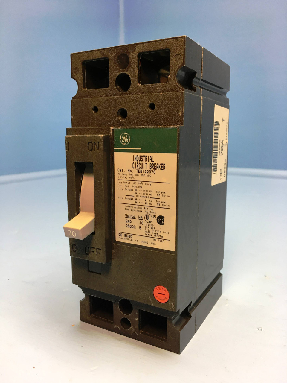 GE 70A TEB122070 Circuit Breaker Green 240V 2 Pole 70 Amp General Electric HACR (EM2144-1)