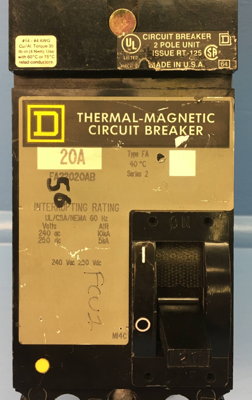 Square D I-Line FA22020AB 20A Circuit Breaker 240V S2 Type FA 20 Amp 2P chipped (EM2160-1)