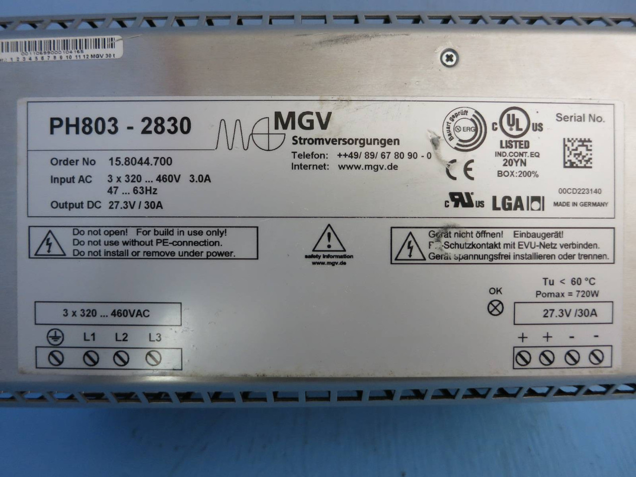 MGV PH803-2830 DC Power Supply Input: 3x 320-460V 3A Output: 27.3 VDC 30A KUKA (PM2713-201)