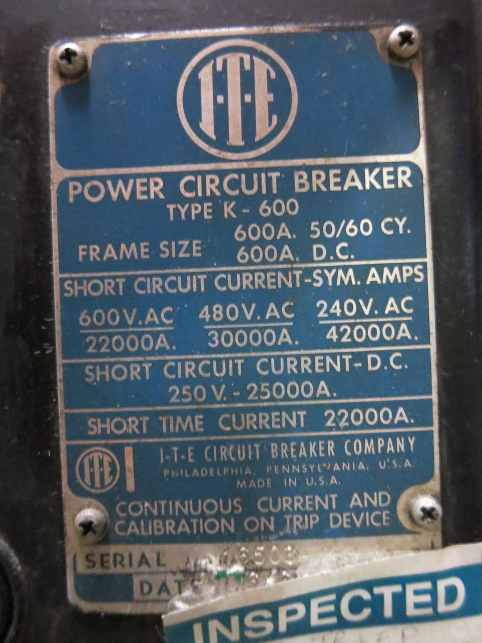 I-T-E Type K-600 600A Motor Operated Power Circuit Air Breaker BBC ITE (PM2723-1)