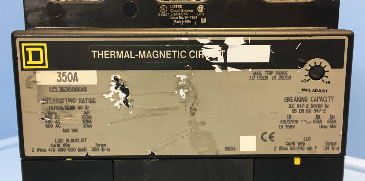Square D LCL363508041 350A Circuit Breaker 600V w/ Shunt 3P 350 Amp bad label (EM2234-1)
