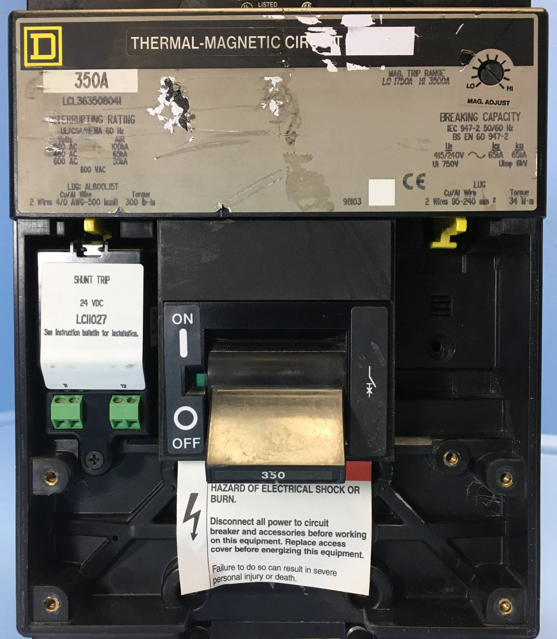 Square D LCL363508041 350A Circuit Breaker 600V w/ Shunt 3P 350 Amp bad label (EM2234-1)