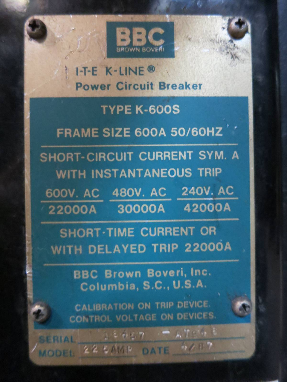 BBC Type K-600S 600A LI Type SS Motor Operated Power Circuit Breaker I-T-E 600 B (PM2724-1)