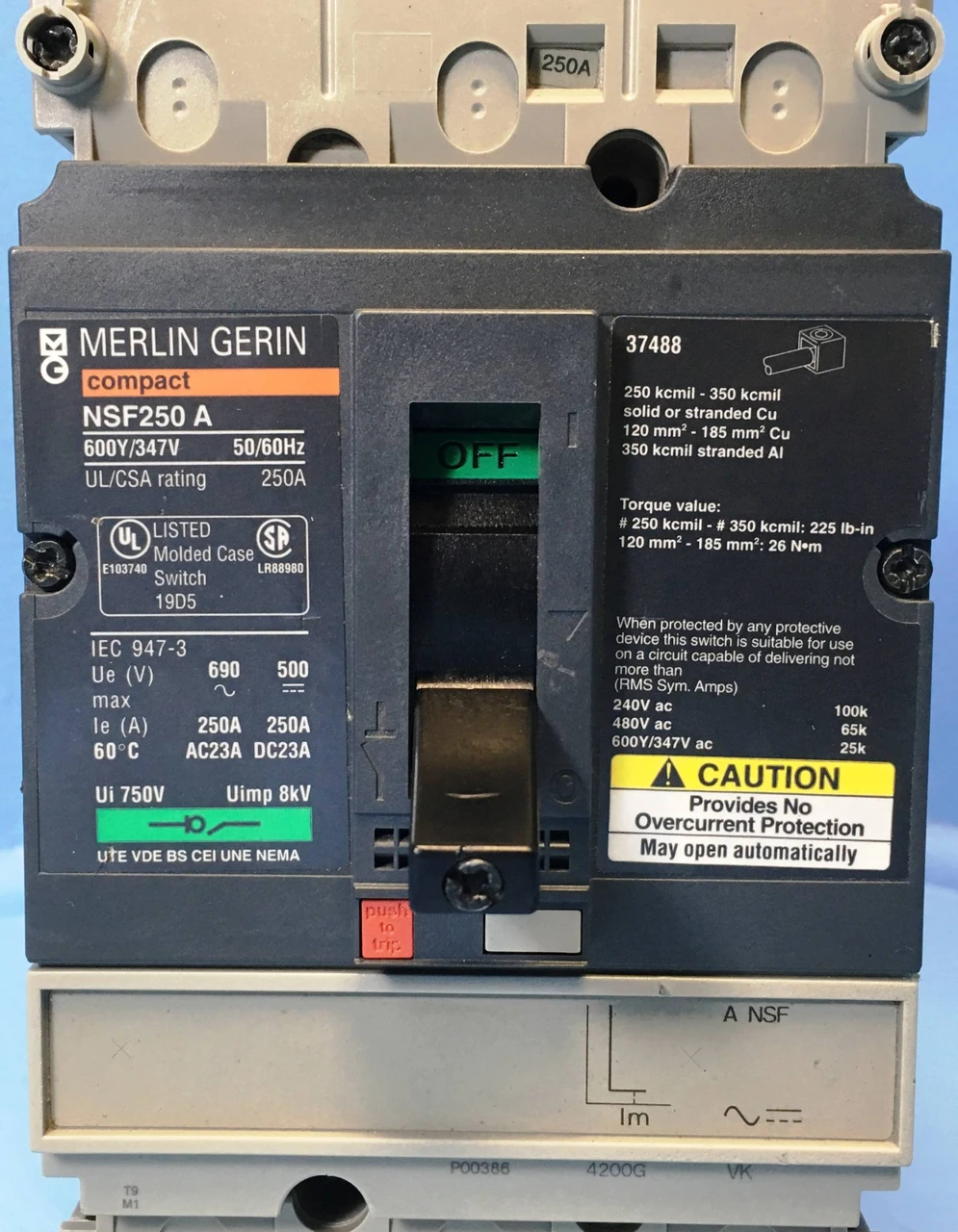 Merlin Gerin NSF250 A 250A Compact Molded Case Switch w/ Adapter & Aux NSF250A (EM2265-14)