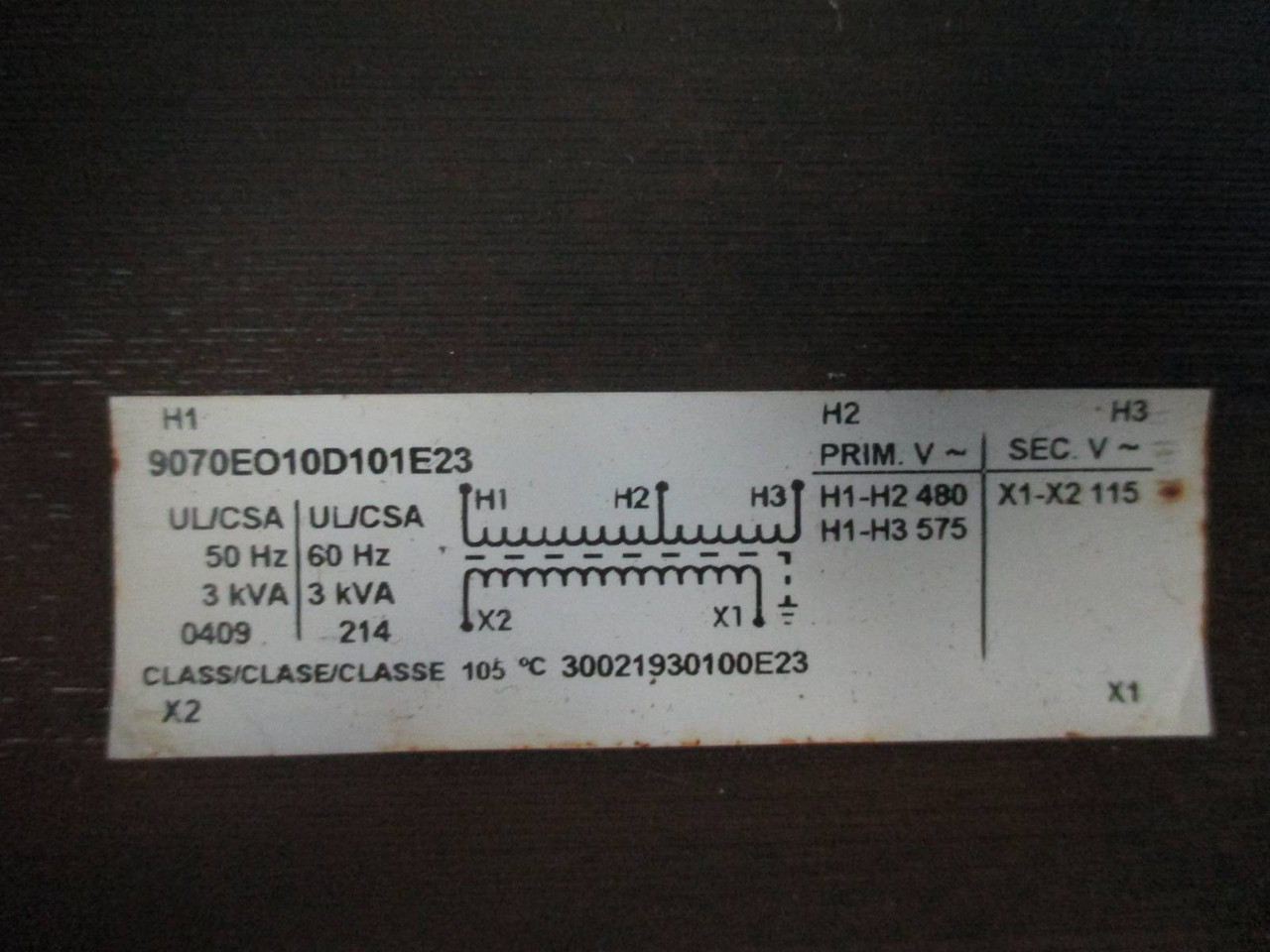 Square D 3 kVA 480/575 - 115 V 1PH 9070EO10D101E23 Transformer 3000 VA 3kVA (DW0433-1)