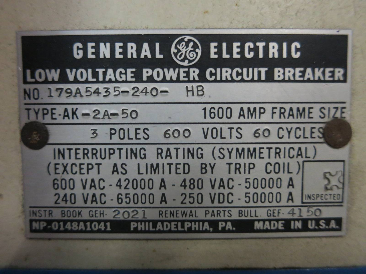 GE AK-2A-50 1600A EO Air Circuit Breaker 1600A General Electric (PM2730-1)