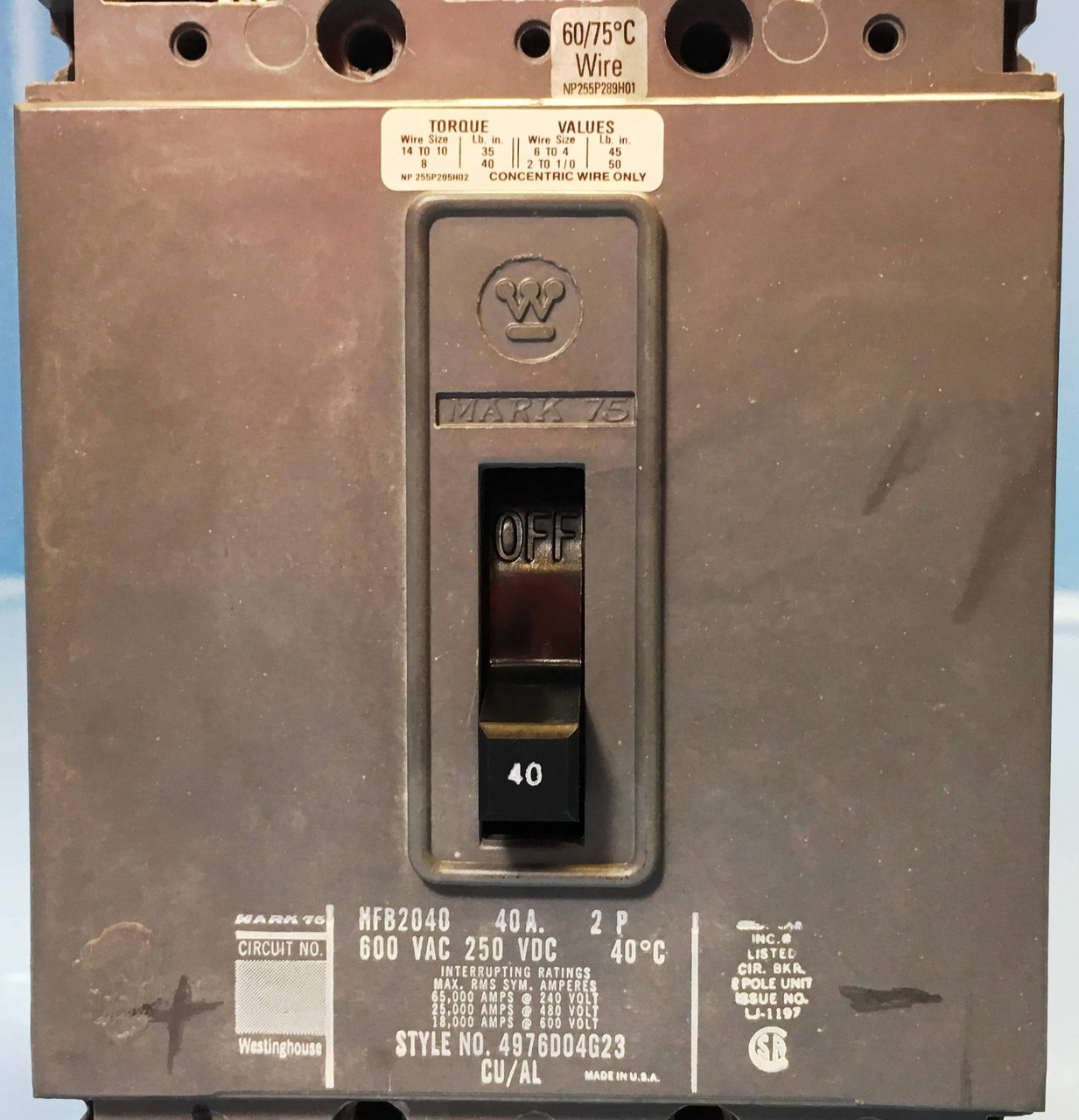 CH Westinghouse HFB2040  40A Mark 75 Circuit Breaker 600V 2 Pole HFB-2040 40 Amp (EM2311-3)