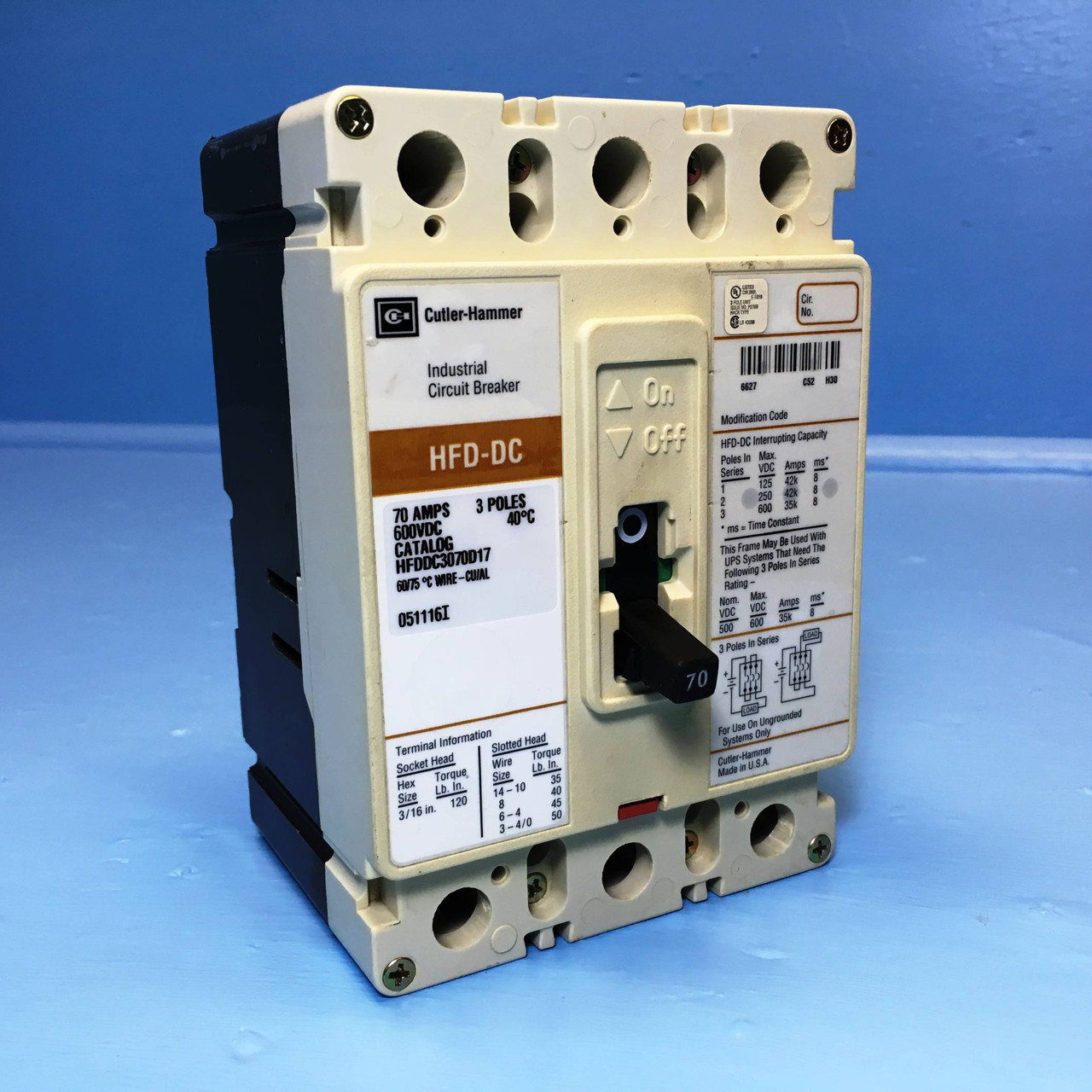 Image of Cutler Hammer HFDDC3070D17 70A DC Circuit Breaker 3P HFD-DC Westinghouse 70 Amp