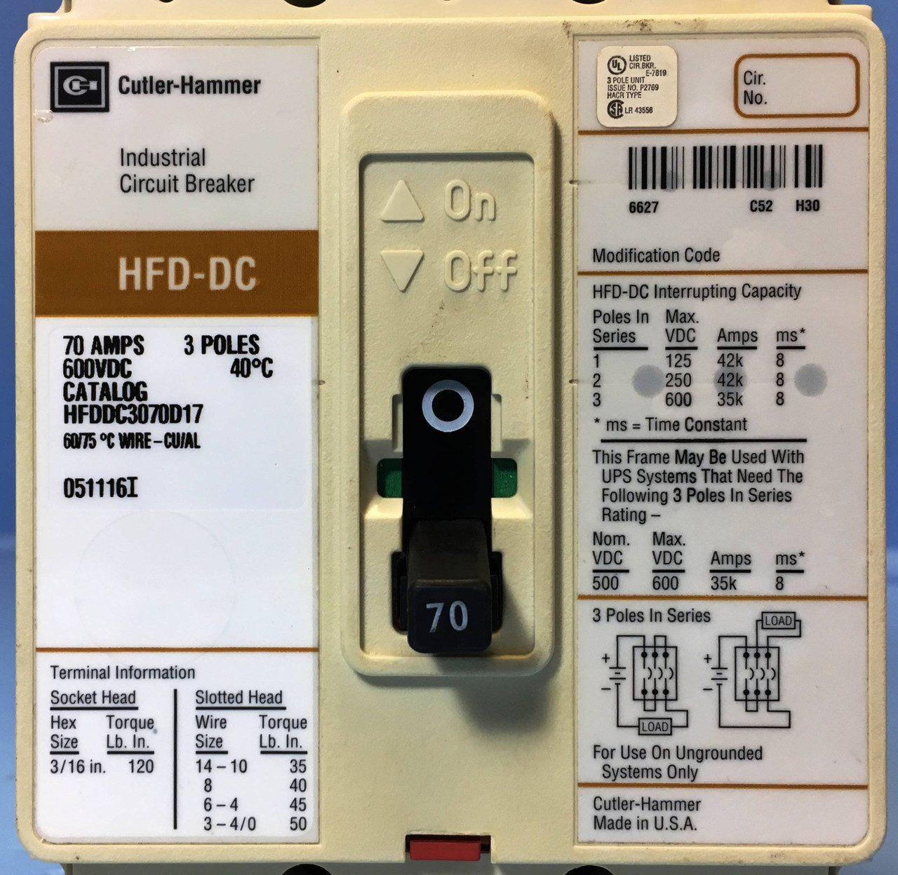 Cutler Hammer HFDDC3070D17 70A DC Circuit Breaker 3P HFD-DC Westinghouse 70 Amp (EM2352-2)