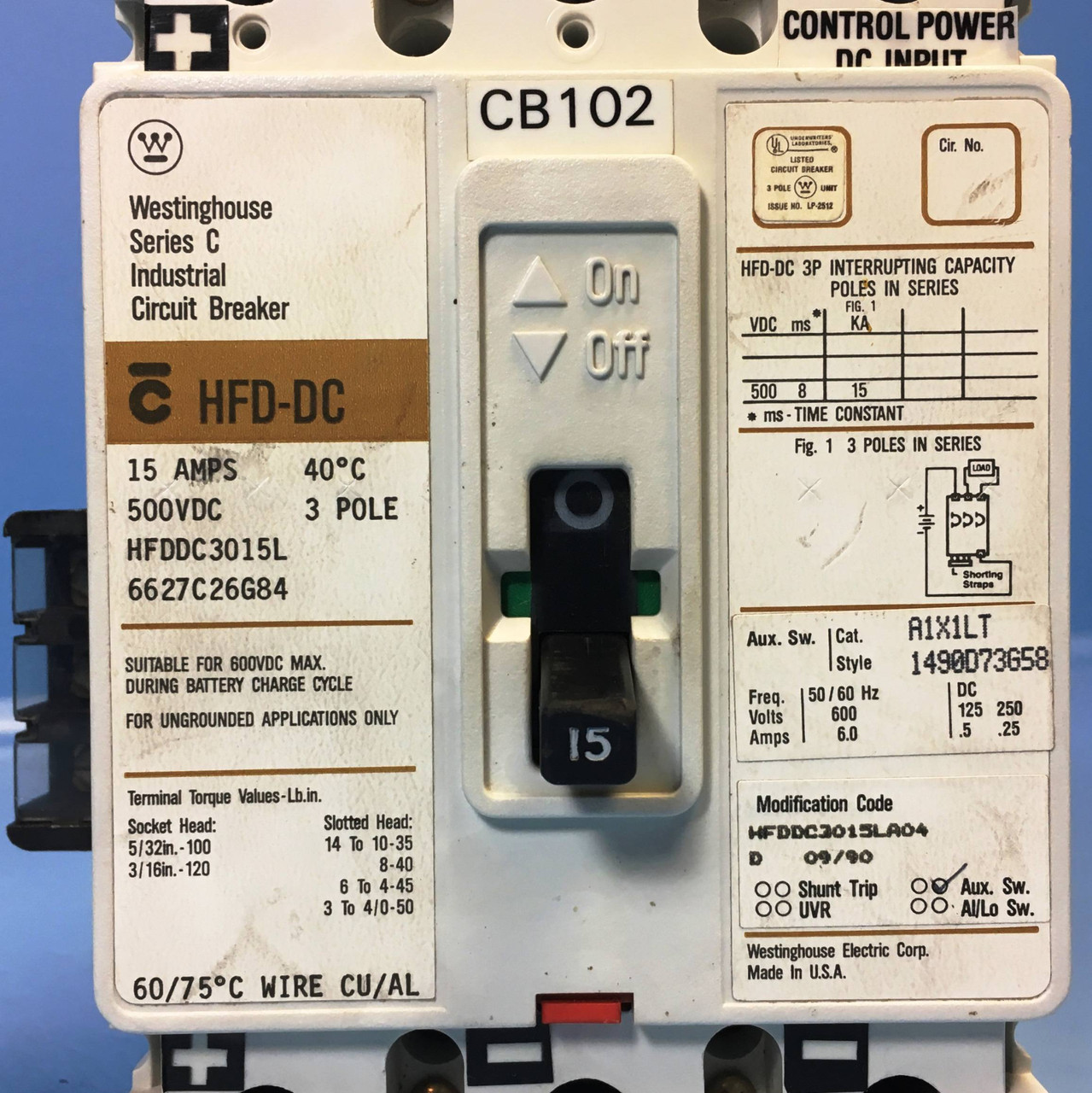 Westinghouse HFDDC3015L 15A DC Circuit Breaker w Aux 3P CH Cutler Hammer 100 Amp (EM2359-1)
