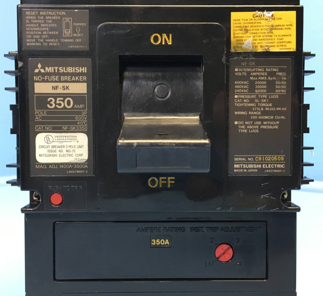 Mitsubishi NF-SK3350 350A No-Fuse Circuit Breaker w Aux & Shunt NFSK3350 350 Amp (EM2368-1)