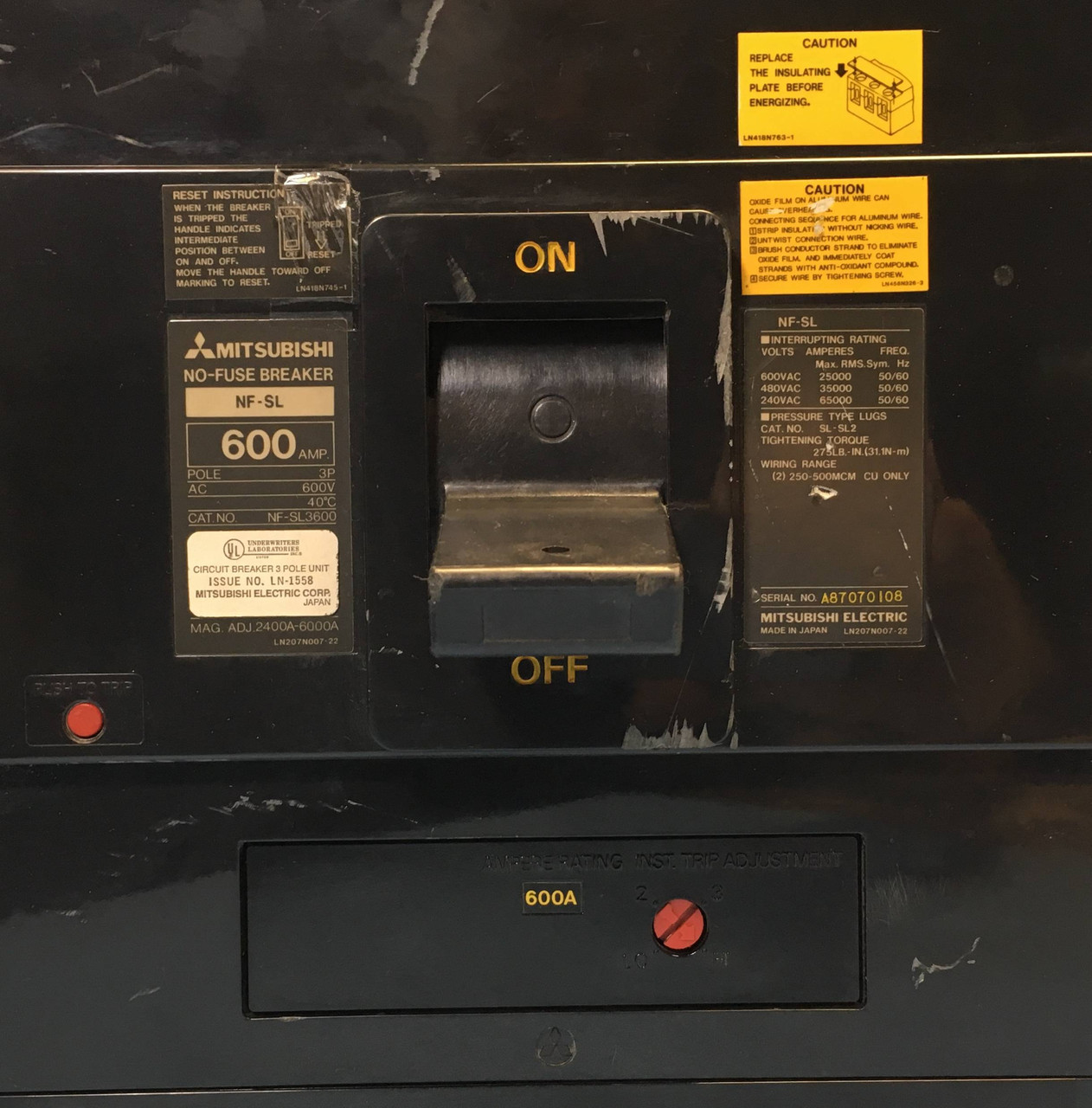 Mitsubishi NF-SL3600 600A Circuit Breaker w/ Aux & Shunt NF-SL NFSL3600 600 Amp (EM2370-1)