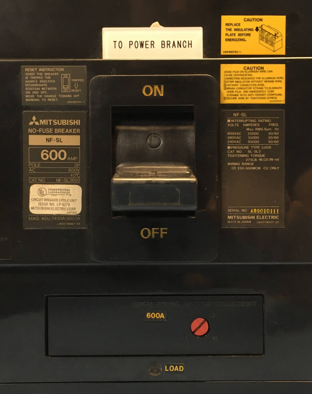 Mitsubishi NF-SL3600 600A Circuit Breaker w/ Aux 600V 3P NF-SL NFSL3600 600 Amp (EM2369-1)