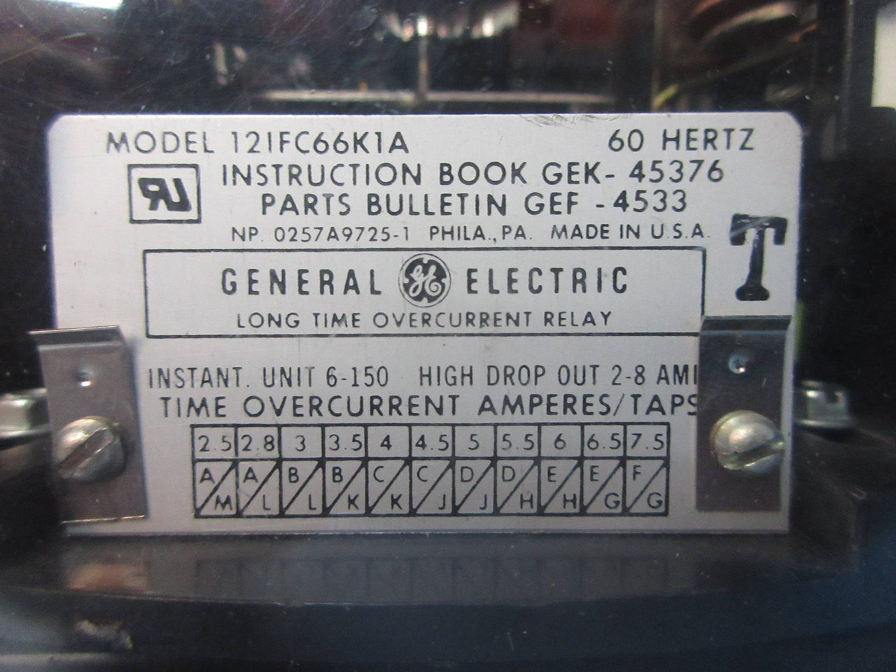 General Electric 12IFC66K1A Long Time Overcurrent Relay GE 60Hz (TK3164-5)