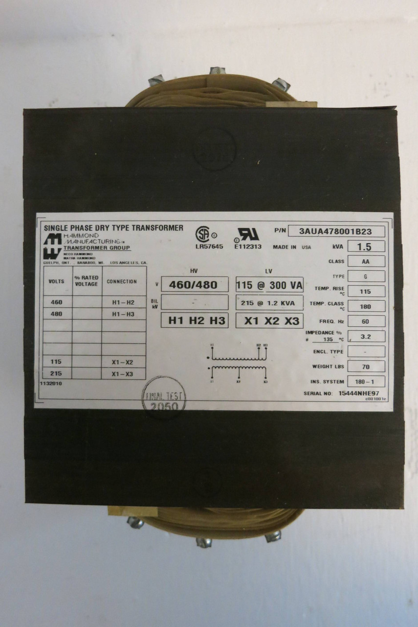 Hammond 1.5 kVA 460 / 480 to 115 V 1PH Dry Type Transformer 3AUA478001B23 480V (DW0482-1)