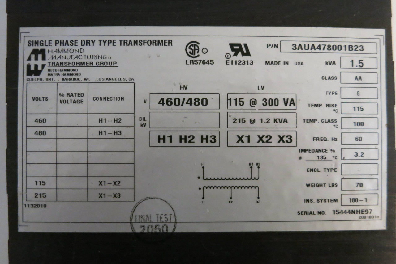 Hammond 1.5 kVA 460 / 480 to 115 V 1PH Dry Type Transformer 3AUA478001B23 480V (DW0482-1)