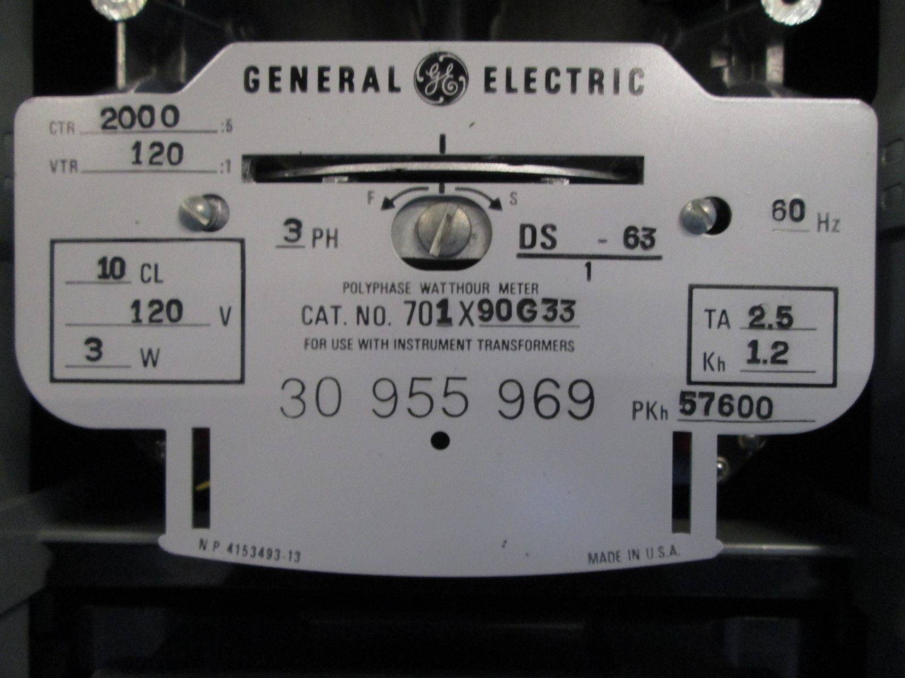 GE 701X90G33 Polyphase Watthour Meter 3PH Watt Hour DS-63 3W 2000/5 120V (EBI2193-3)