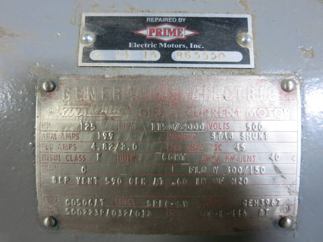 REBUILT General Electric DC Motor CD506AT 125 HP 500 V 1150/2000