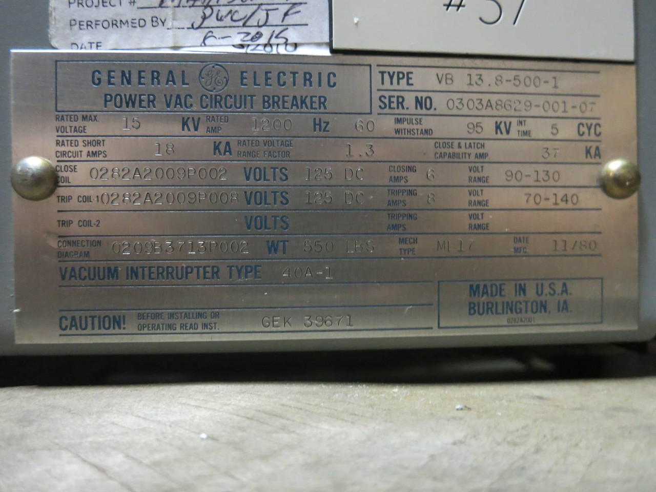 GE Power/Vac 1200A VB 13.8-500-1 15 kV Vacuum Breaker General Electric PowerVac (GA0009-3)