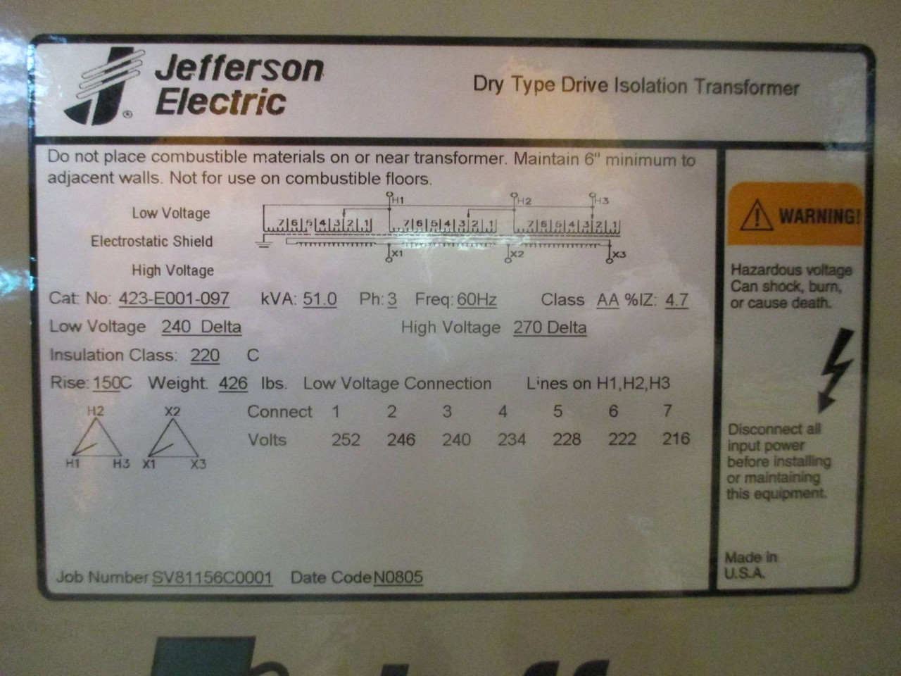 NEW Jefferson 51kVA 240 Delta 270 Delta 423-E001-097 Drive Isolation Transformer (DW0513-1)