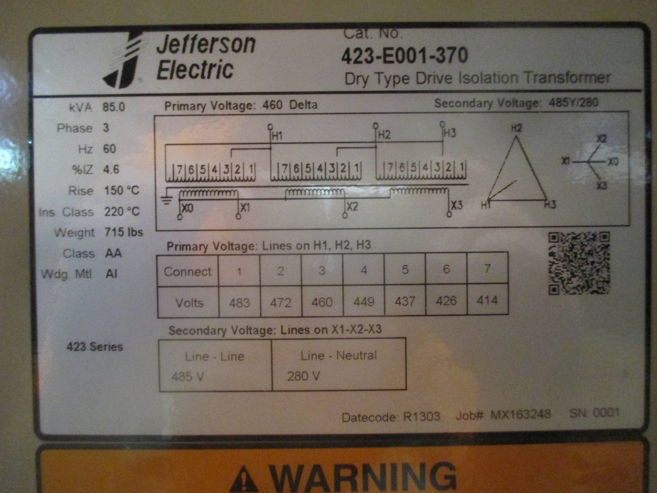 NEW Jefferson 85 kVA 460 Delta 485Y/280 423-E001-370 Drive Isolation Transformer (DW0510-1)