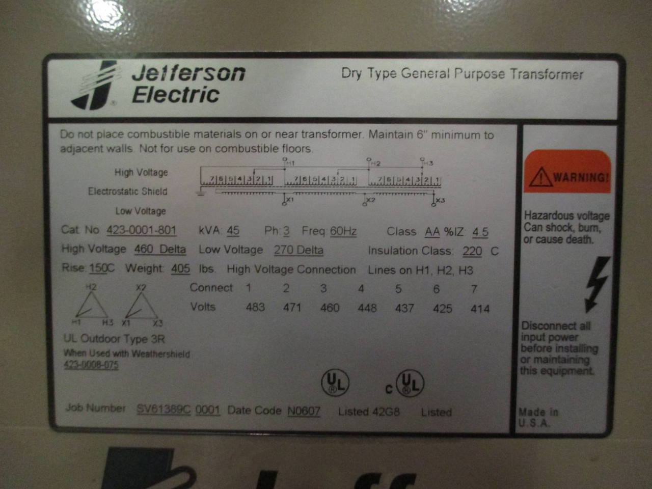 NEW Jefferson 45 kVA 460 Delta - 270 Delta 423-0001-801 Dry Type Transformer 3PH (DW0515-1)